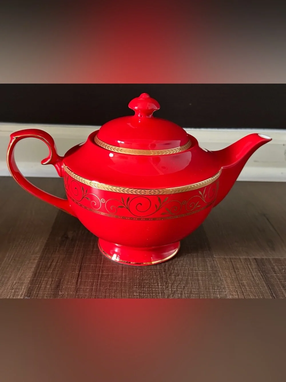 Teavana Ruby Filigree Teapot Fine Bone China Gold Scrollwork Discontinued